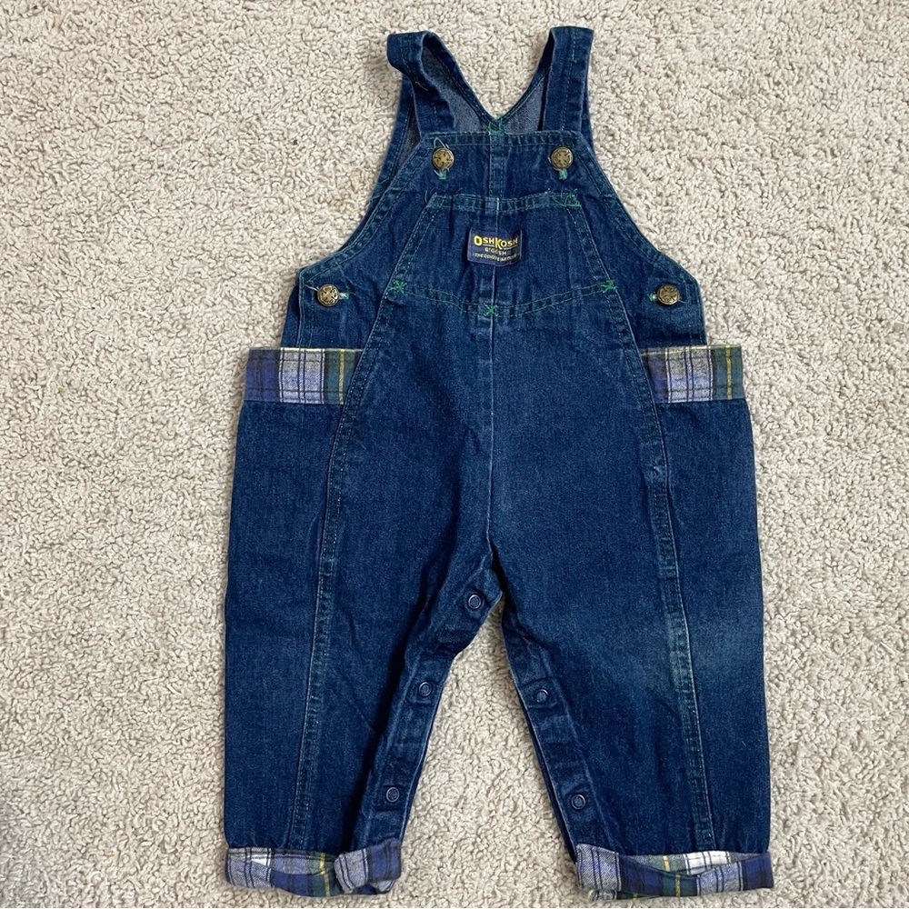 VINTAGE Toddler Boys OSHKOSH B'GOSH Blue DENIM Plaid FLANNEL Trim OVERALLS Pants